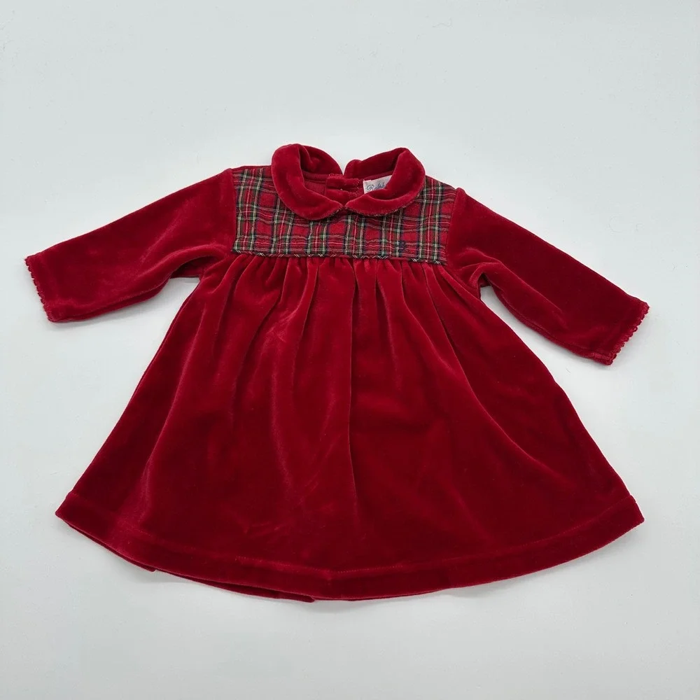 Ralph Lauren Red Baby Plaid Dress Holiday Velvet Velour Monogram 0-3 M